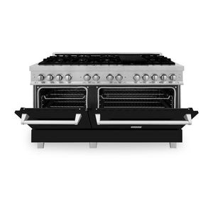 ZLINE 60 in. 7.4 cu. ft. Legacy Dual Fuel Range with 9 Burner Gas Cooktop and 2 Electric Convection Ovens in DuraSnow® Stainless Steel and Black Matte Doors (RAS-BLM-60) front, oven half open.