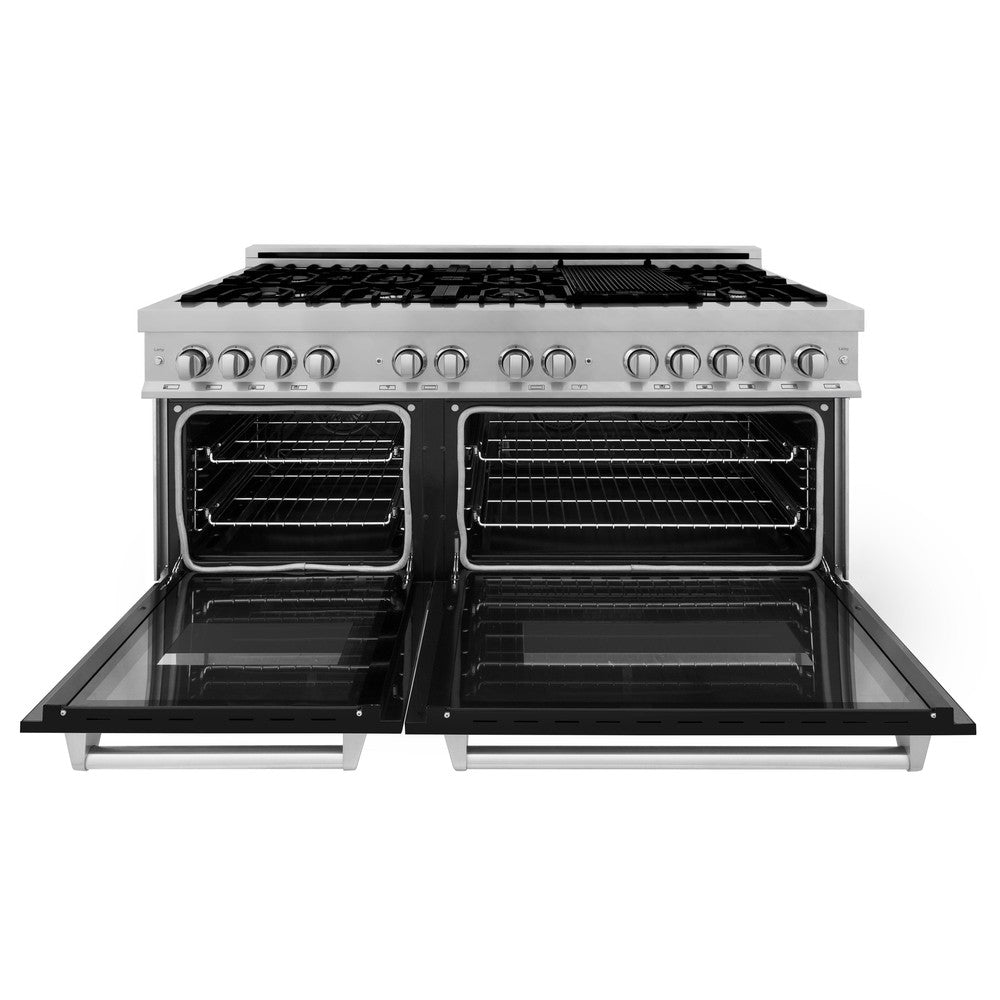 ZLINE 60 in. 7.4 cu. ft. Legacy Dual Fuel Range with 9 Burner Gas Cooktop and 2 Electric Convection Ovens in DuraSnow® Stainless Steel and Black Matte Doors (RAS-BLM-60) front, oven open.