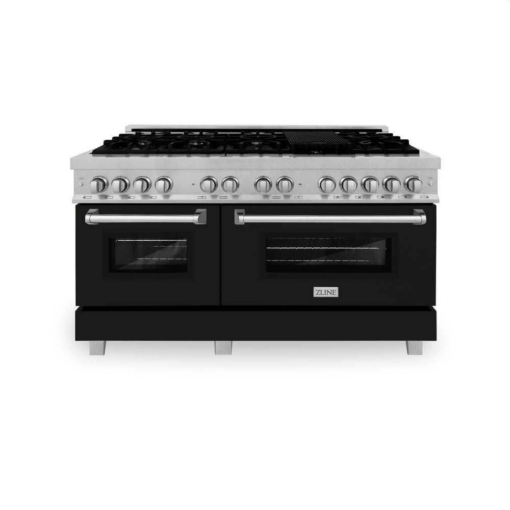 ZLINE 60 in. 7.4 cu. ft. Legacy Dual Fuel Range with 9 Burner Gas Cooktop and 2 Electric Convection Ovens in DuraSnow® Stainless Steel and Black Matte Doors (RAS-BLM-60) front, oven closed.