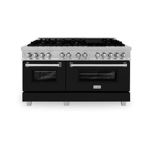 ZLINE 60 in. 7.4 cu. ft. Legacy Dual Fuel Range with 9 Burner Gas Cooktop and 2 Electric Convection Ovens in DuraSnow® Stainless Steel and Black Matte Doors (RAS-BLM-60) front, oven closed.