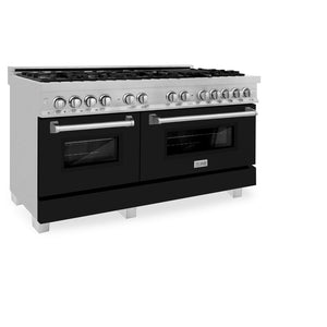 ZLINE 60 in. 7.4 cu. ft. Legacy Dual Fuel Range with 9 Burner Gas Cooktop and 2 Electric Convection Ovens in DuraSnow® Stainless Steel and Black Matte Doors (RAS-BLM-60) side, oven closed.