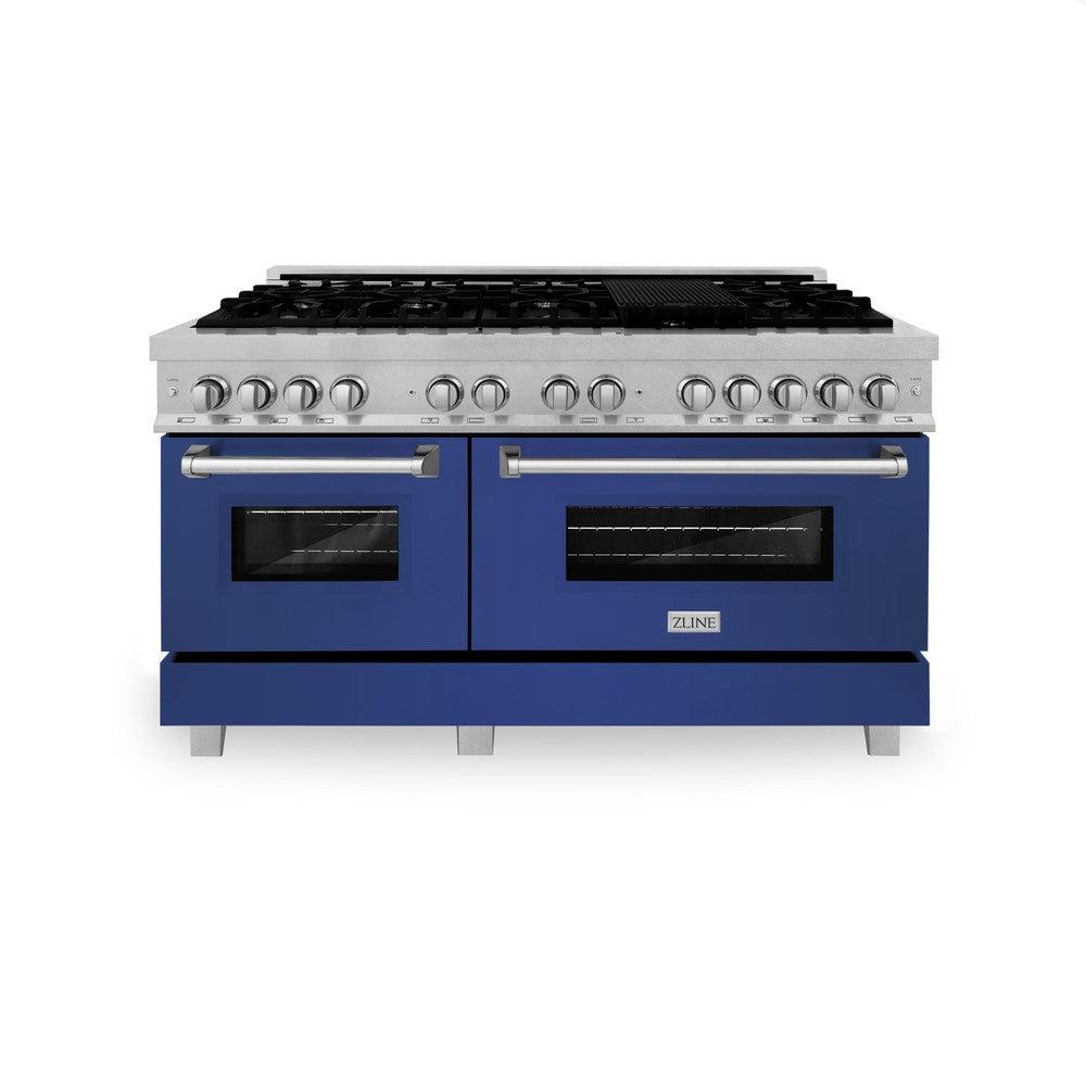 ZLINE 60 in. 7.4 cu. ft. Legacy Dual Fuel Range with 9 Burner Gas Cooktop and 2 Electric Convection Ovens in DuraSnow® Stainless Steel and Blue Matte Doors (RAS-BM-60) front, oven closed.