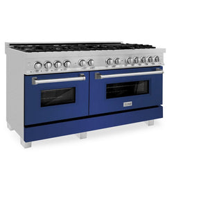 ZLINE 60 in. 7.4 cu. ft. Legacy Dual Fuel Range with 9 Burner Gas Cooktop and 2 Electric Convection Ovens in DuraSnow® Stainless Steel and Blue Matte Doors (RAS-BM-60) side, oven closed.