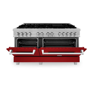 ZLINE 60 in. 7.4 cu. ft. Legacy Dual Fuel Range with 9 Burner Gas Cooktop and 2 Electric Convection Ovens in DuraSnow® Stainless Steel and Red Gloss Doors (RAS-RG-60) front, oven half open.