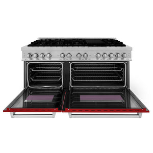 ZLINE 60 in. 7.4 cu. ft. Legacy Dual Fuel Range with 9 Burner Gas Cooktop and 2 Electric Convection Ovens in DuraSnow® Stainless Steel and Red Gloss Doors (RAS-RG-60) front, oven open.