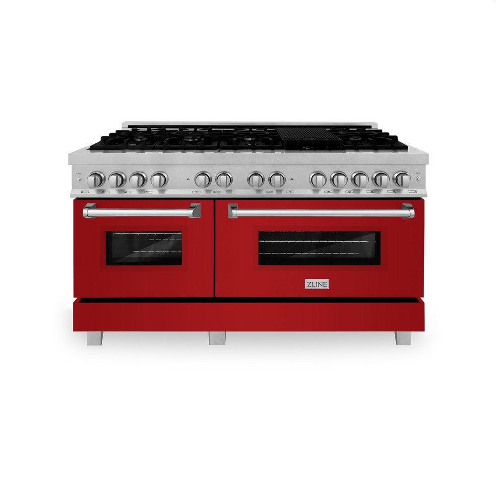 ZLINE 60 in. 7.4 cu. ft. Legacy Dual Fuel Range with 9 Burner Gas Cooktop and 2 Electric Convection Ovens in DuraSnow® Stainless Steel and Red Gloss Doors (RAS-RG-60) front, oven closed.