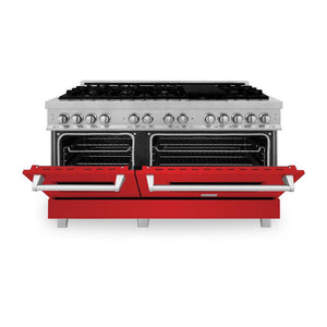 ZLINE 60 in. 7.4 cu. ft. Legacy Dual Fuel Range with 9 Burner Gas Cooktop and 2 Electric Convection Ovens in DuraSnow® Stainless Steel and Red Matte Doors (RAS-RM-60) front, oven half open.