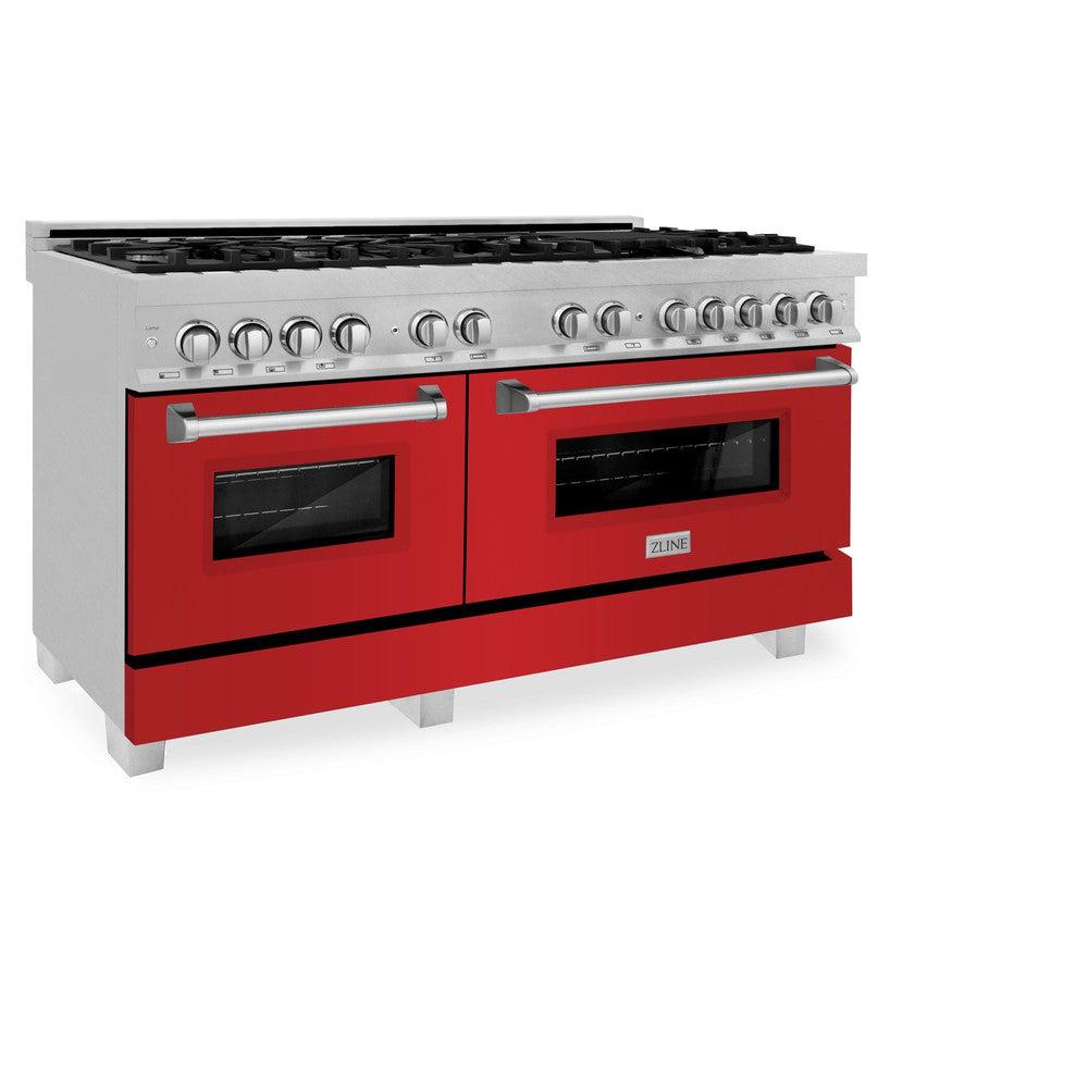 ZLINE 60 in. 7.4 cu. ft. Legacy Dual Fuel Range with 9 Burner Gas Cooktop and 2 Electric Convection Ovens in DuraSnow® Stainless Steel and Red Matte Doors (RAS-RM-60) side, oven closed.