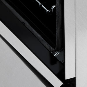 ZLINE Dual Fuel Range with Gas Stove and Electric Oven in Stainless Steel (RA) close-up, stay put oven door hinges.