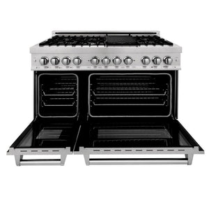 ZLINE 48 in. Kitchen Package with DuraSnow® Stainless Steel Dual Fuel Range and Convertible Vent Range Hood (2KP-RASSNRH48) 