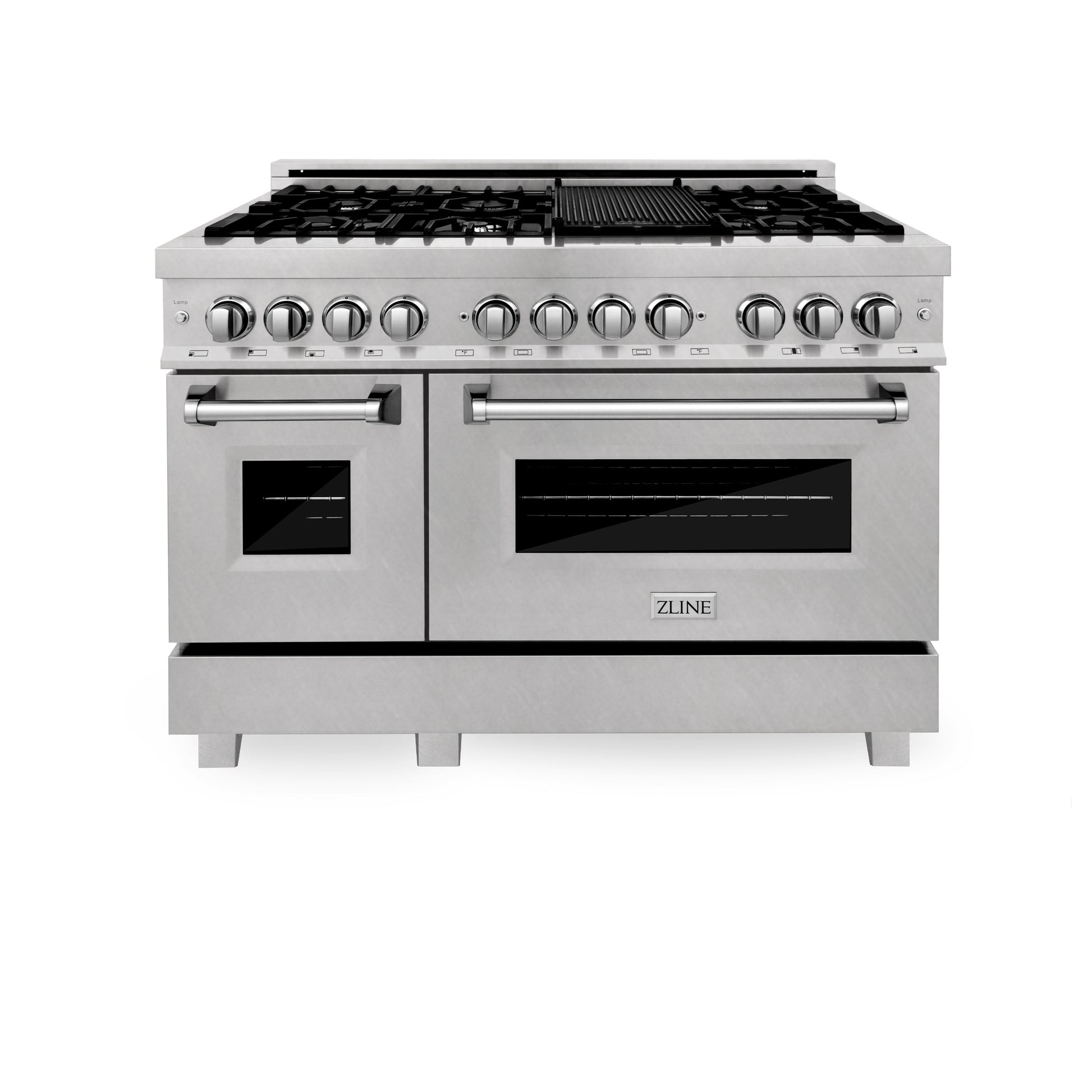 ZLINE 48 in. Kitchen Package with DuraSnow® Stainless Dual Fuel Range, Ducted Vent Range Hood and Tall Tub Dishwasher (3KP-RASRH48-DWV) front.