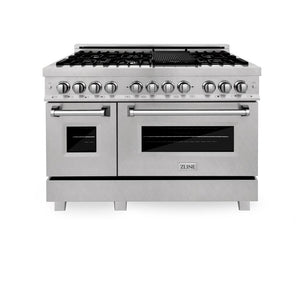ZLINE 48 in. Kitchen Package with Satin Stainless Dual Fuel Range, Ducted Vent Range Hood and Tall Tub Dishwasher (3KP-RASRH48-DWV) front.