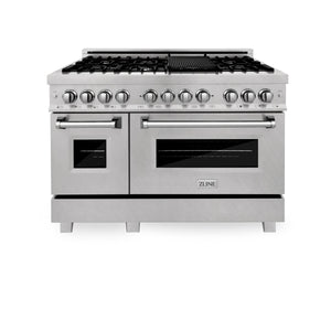 ZLINE 48 in. Kitchen Package with DuraSnow® Stainless Steel Dual Fuel Range and Convertible Vent Range Hood (2KP-RASSNRH48) 