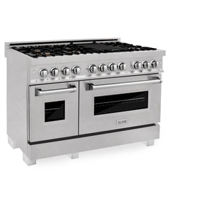 ZLINE 48 in. 6.0 cu. ft. Legacy Dual Fuel Range with Gas Cooktop and 2 Electric Ovens in DuraSnow® Stainless Steel with 6 Brass Burners (RAS-SN-BR-48) side, oven closed.