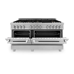 ZLINE 60 in. 7.4 cu. ft. Legacy Dual Fuel Range with Gas Cooktop and 2 Electric Convection Ovens in DuraSnow® Stainless Steel with 8 Brass Burners (RAS-SN-BR-60) front, oven half open.