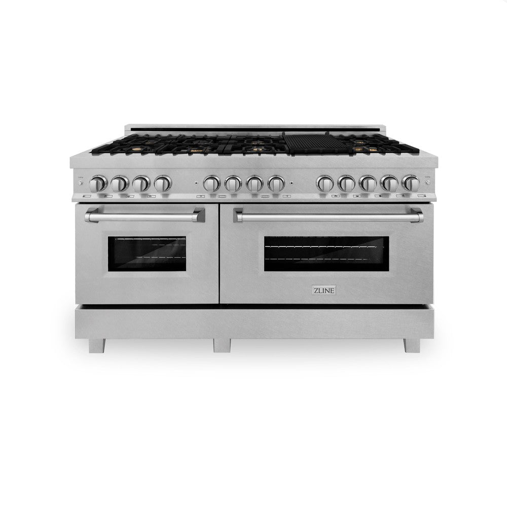 ZLINE 60 in. 7.4 cu. ft. Legacy Dual Fuel Range with Gas Cooktop and 2 Electric Convection Ovens in DuraSnow® Stainless Steel with 8 Brass Burners (RAS-SN-BR-60) front, oven closed.