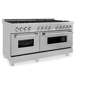 ZLINE 60 in. 7.4 cu. ft. Legacy Dual Fuel Range with Gas Cooktop and 2 Electric Convection Ovens in DuraSnow® Stainless Steel with 8 Brass Burners (RAS-SN-BR-60) side, oven closed.