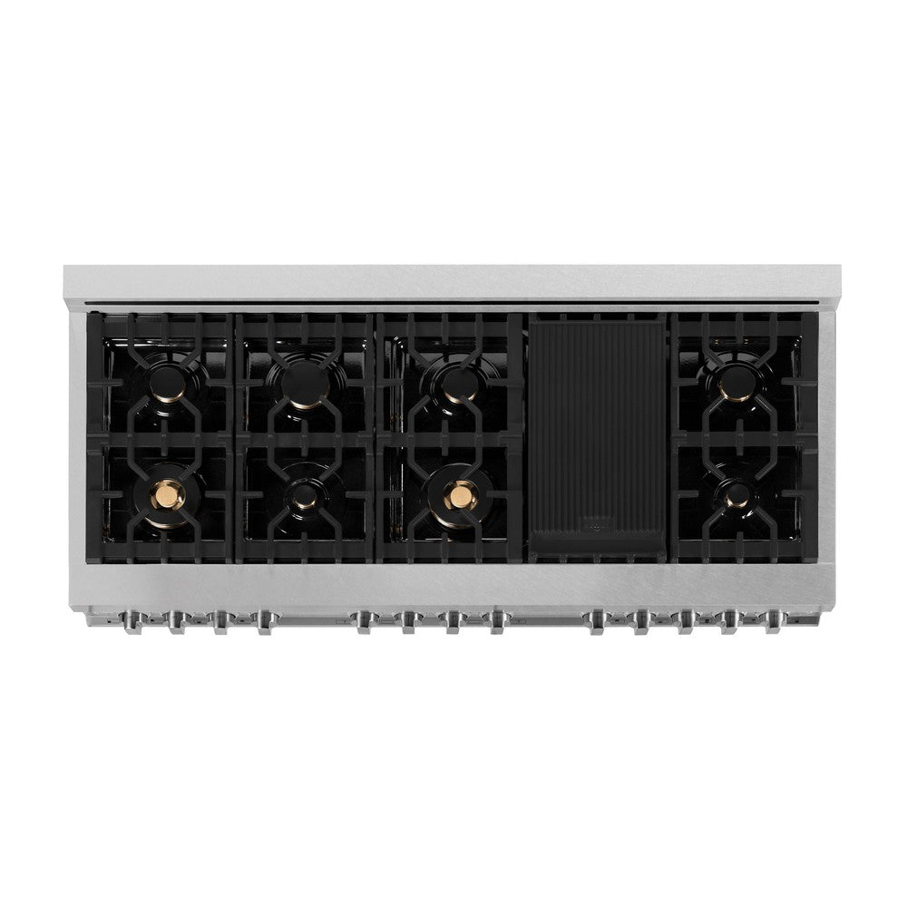 ZLINE 60 in. 7.4 cu. ft. Legacy Dual Fuel Range with Gas Cooktop and 2 Electric Convection Ovens in DuraSnow® Stainless Steel with 8 Brass Burners (RAS-SN-BR-60) top-view, above cooktop.