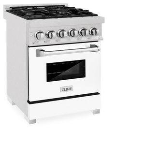 ZLINE 24 in. 2.8 cu. ft. Legacy Dual Fuel Range with 4 Burner Gas Cooktop and Electric Convection Oven in DuraSnow® Stainless Steel and White Matte Door (RAS-WM-24) side, oven closed.