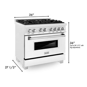 ZLINE 36 in. Kitchen Package with Satin Stainless Steel Dual Fuel Range with White Matte Door and Convertible Vent Range Hood (2KP-RASWMRH36) dimensional diagram with measurements.
