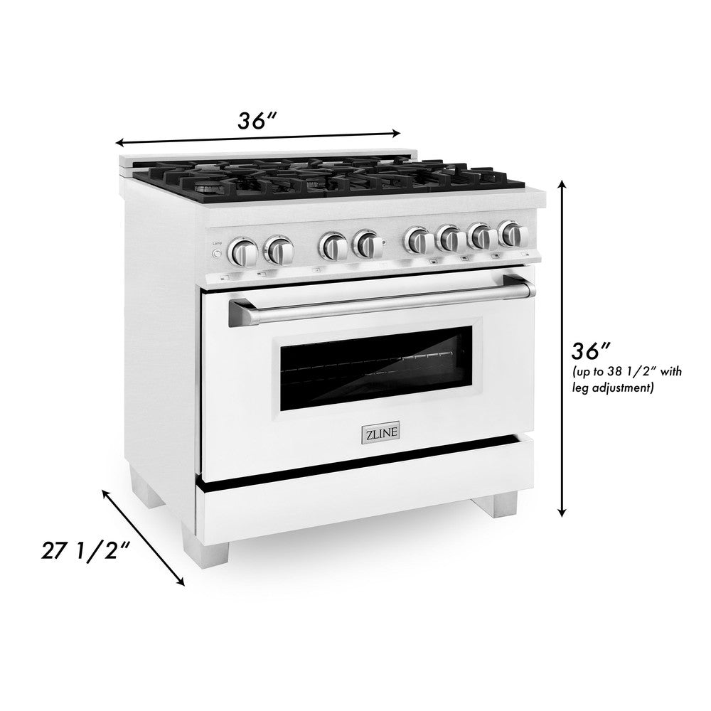 ZLINE 36 in. 4.6 cu. ft. Legacy Dual Fuel Range with 6 Burner Gas Cooktop and Electric Convection Oven in DuraSnow® Stainless Steel and White Matte Door (RAS-WM-36) dimensional diagram.