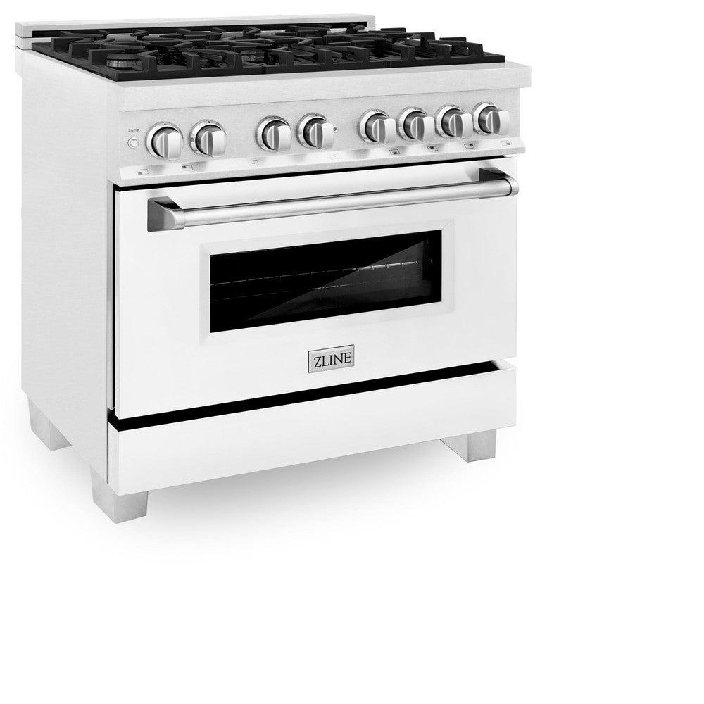 ZLINE 36 in. 4.6 cu. ft. Legacy Dual Fuel Range with 6 Burner Gas Cooktop and Electric Convection Oven in DuraSnow® Stainless Steel and White Matte Door (RAS-WM-36) side, oven closed.