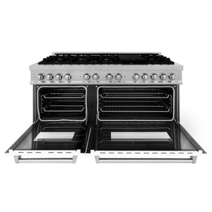 ZLINE 60 in. 7.4 cu. ft. Legacy Dual Fuel Range with 9 Burner Gas Cooktop and 2 Electric Convection Ovens in DuraSnow® Stainless Steel and White Matte Doors (RAS-WM-60) front, oven open.