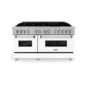 ZLINE 60 in. 7.4 cu. ft. Legacy Dual Fuel Range with 9 Burner Gas Cooktop and 2 Electric Convection Ovens in DuraSnow® Stainless Steel and White Matte Doors (RAS-WM-60) front, oven closed.