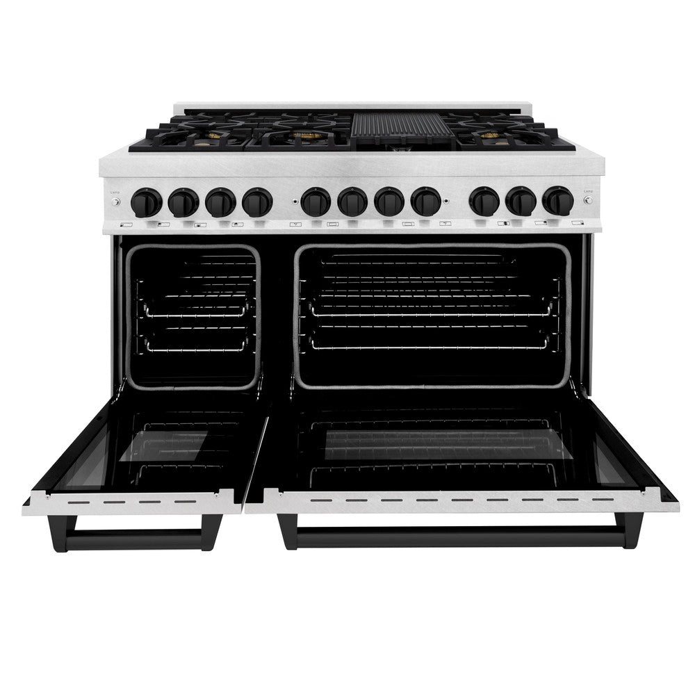 ZLINE Autograph Edition 48 in. 6.0 cu. ft. Dual Fuel Range with Gas Stove and Electric Oven in DuraSnow® Stainless Steel with Matte Black Accents (RASZ-SN-48-MB) front, oven door open.