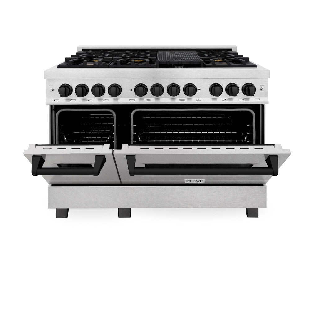 ZLINE Autograph Edition 48 in. 6.0 cu. ft. Legacy Dual Fuel Range with 7 Burner Gas Cooktop and 2 Electric Ovens in DuraSnow® Stainless Steel and Matte Black Accents (RASZ-SN-48-MB) front, oven half open.