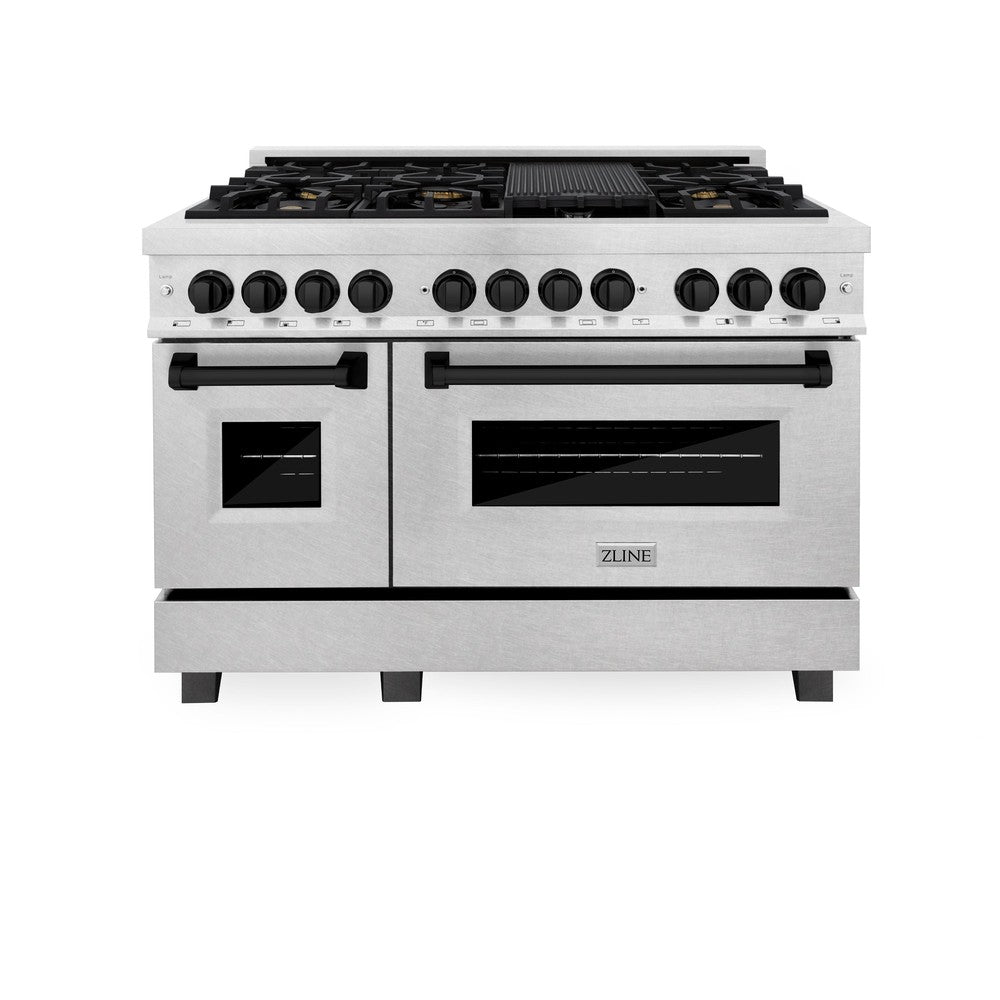 ZLINE Autograph Edition 48 in. 6.0 cu. ft. Legacy Dual Fuel Range with 7 Burner Gas Cooktop and 2 Electric Ovens in DuraSnow® Stainless Steel and Matte Black Accents (RASZ-SN-48-MB) front, oven closed.