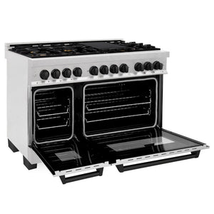 ZLINE Autograph Edition 48 in. 6.0 cu. ft. Dual Fuel Range with Gas Stove and Electric Oven in DuraSnow® Stainless Steel with Matte Black Accents (RASZ-SN-48-MB) side, oven door open.