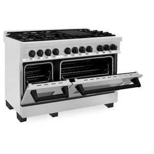 ZLINE Autograph Edition 48 in. 6.0 cu. ft. Legacy Dual Fuel Range with 7 Burner Gas Cooktop and 2 Electric Ovens in DuraSnow® Stainless Steel and Matte Black Accents (RASZ-SN-48-MB) side, oven half open.