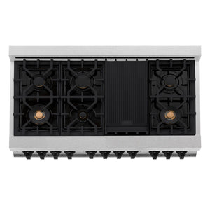 ZLINE Autograph Edition 48 in. 6.0 cu. ft. Legacy Dual Fuel Range with 7 Burner Gas Cooktop and 2 Electric Ovens in DuraSnow® Stainless Steel and Matte Black Accents (RASZ-SN-48-MB) top-view, above cooktop.