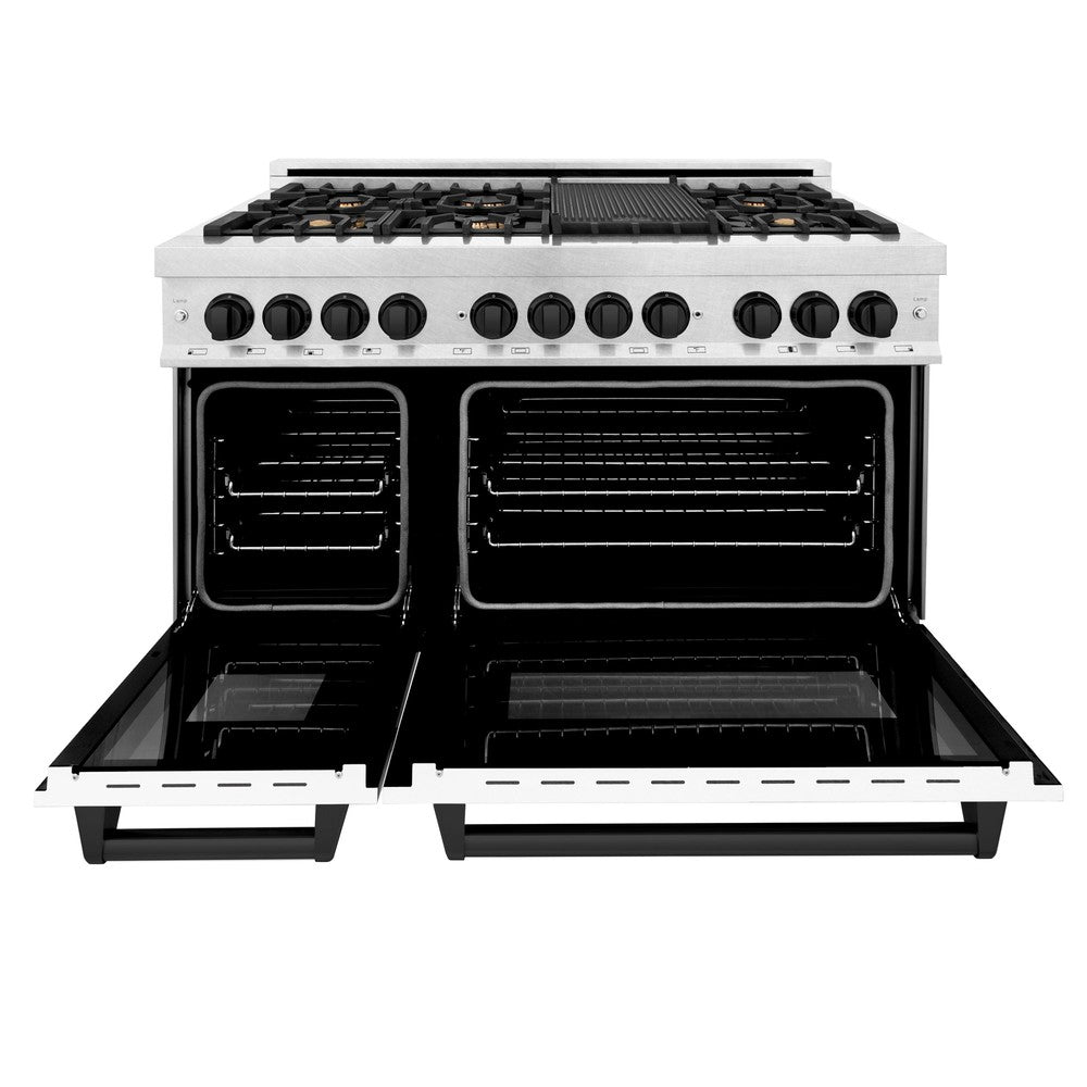 ZLINE Autograph Edition 48 in. 6.0 cu. ft. Dual Fuel Range with Gas Stove and Electric Oven in DuraSnow® Stainless Steel with White Matte Doors and Matte Black Accents (RASZ-WM-48-MB) front, oven door open.