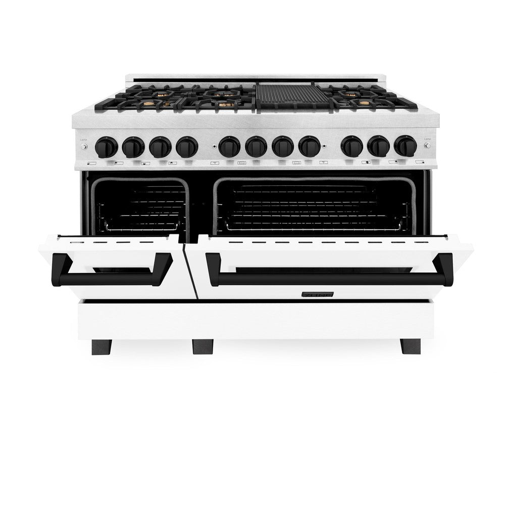 ZLINE Autograph Edition 48 in. 6.0 cu. ft. Legacy Dual Fuel Range with 7 Burner Gas Cooktop and 2 Electric Ovens in DuraSnow® Stainless Steel with White Matte Doors and Matte Black Accents (RASZ-WM-48-MB) front, oven half open.