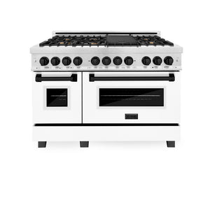 ZLINE Autograph Edition 48 in. 6.0 cu. ft. Legacy Dual Fuel Range with 7 Burner Gas Cooktop and 2 Electric Ovens in DuraSnow® Stainless Steel with White Matte Doors and Matte Black Accents (RASZ-WM-48-MB) front, oven closed.