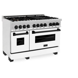 ZLINE Autograph Edition 48 in. 6.0 cu. ft. Legacy Dual Fuel Range with 7 Burner Gas Cooktop and 2 Electric Ovens in DuraSnow® Stainless Steel with White Matte Doors and Matte Black Accents (RASZ-WM-48-MB) side, oven closed.