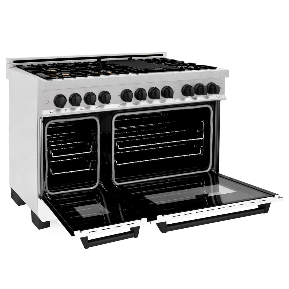 ZLINE Autograph Edition 48 in. 6.0 cu. ft. Dual Fuel Range with Gas Stove and Electric Oven in DuraSnow® Stainless Steel with White Matte Doors and Matte Black Accents (RASZ-WM-48-MB) side, oven door open.