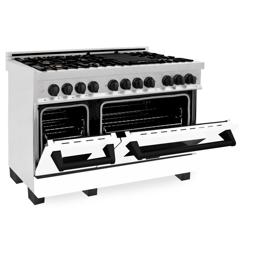 ZLINE Autograph Edition 48 in. 6.0 cu. ft. Legacy Dual Fuel Range with 7 Burner Gas Cooktop and 2 Electric Ovens in DuraSnow® Stainless Steel with White Matte Doors and Matte Black Accents (RASZ-WM-48-MB) side, oven half open.