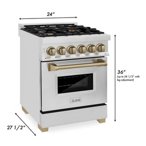 ZLINE Autograph Edition 24 in. 2.8 cu. ft. Legacy Dual Fuel Range with 4 Burner Gas Cooktop and Electric Convection Oven in Stainless Steel and Champagne Bronze Accents (RAZ-24-CB) dimensional diagram.