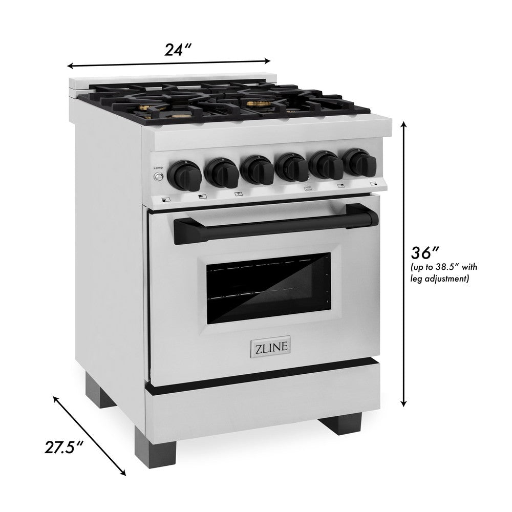 ZLINE Autograph Edition 24 in. 2.8 cu. ft. Legacy Dual Fuel Range with 4 Burner Gas Cooktop and Electric Convection Oven in Stainless Steel and Matte Black Accents (RAZ-24-MB) dimensional diagram.