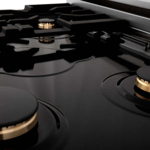 ZLINE Autograph Edition 30 in. 4.0 cu. ft. Dual Fuel Range with Gas Stove and Electric Oven in Stainless Steel with Champagne Bronze Accents (RAZ-30-CB) brass burners on black porcelain cooktop from side.