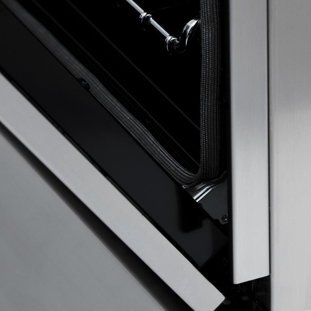 Close-up StayPut Oven Door Hinges on ZLINE Autograph Edition 30 in. 4.0 cu. ft. Dual Fuel Range with Gas Stove and Electric Oven in Stainless Steel with Matte Black Accents (RAZ-30-MB)