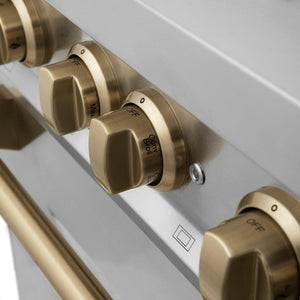 ZLINE Autograph Edition 36 in. 4.6 cu. ft. Legacy Dual Fuel Range with 6 Burner Gas Cooktop and Electric Convection Oven in Stainless Steel and Champagne Bronze Accents (RAZ-36-CB) knobs.