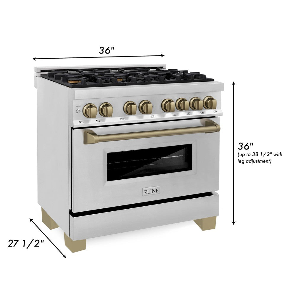 ZLINE Autograph Edition 36 in. 4.6 cu. ft. Legacy Dual Fuel Range with 6 Burner Gas Cooktop and Electric Convection Oven in Stainless Steel and Champagne Bronze Accents (RAZ-36-CB) dimensional diagram.