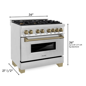 ZLINE Autograph Edition 36 in. 4.6 cu. ft. Legacy Dual Fuel Range with 6 Burner Gas Cooktop and Electric Convection Oven in Stainless Steel and Champagne Bronze Accents (RAZ-36-CB) dimensional diagram.