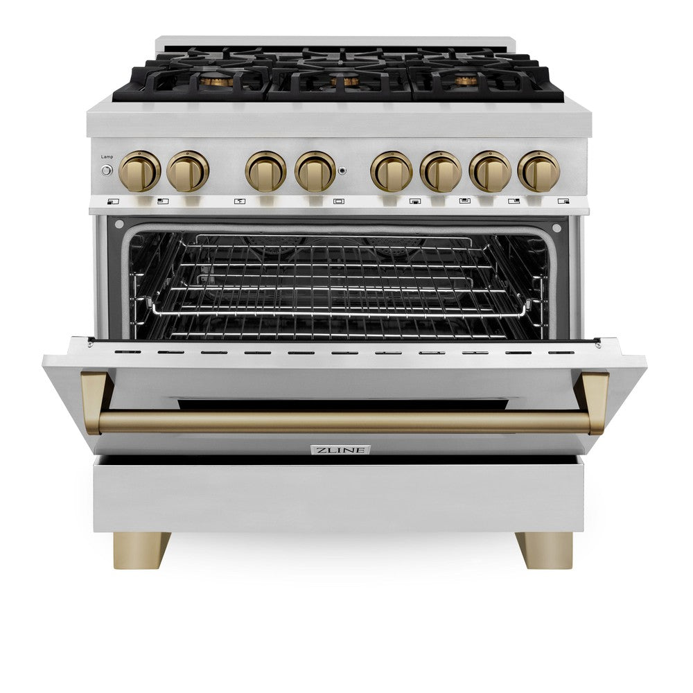 ZLINE Autograph Edition 36 in. 4.6 cu. ft. Legacy Dual Fuel Range with 6 Burner Gas Cooktop and Electric Convection Oven in Stainless Steel and Champagne Bronze Accents (RAZ-36-CB) front, oven half open.