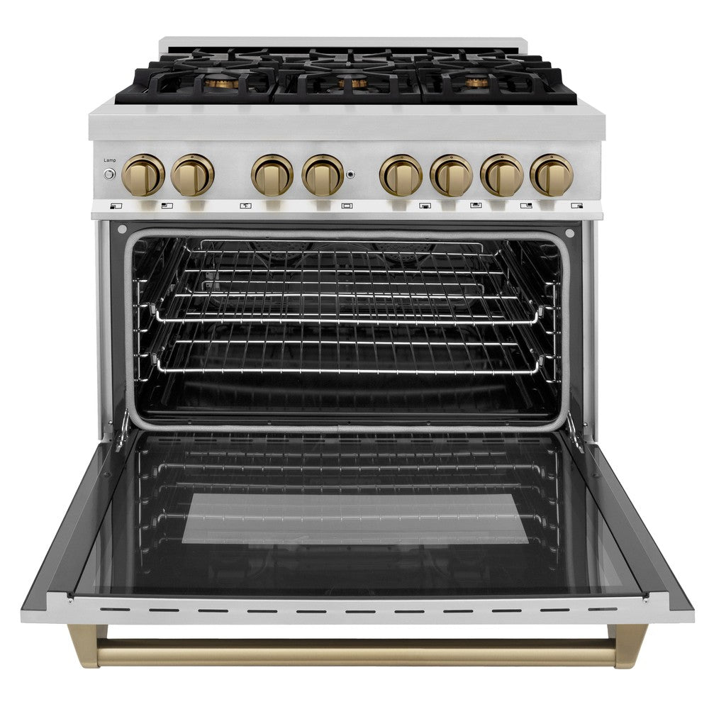 ZLINE Autograph Edition 36 in. 4.6 cu. ft. Legacy Dual Fuel Range with 6 Burner Gas Cooktop and Electric Convection Oven in Stainless Steel and Champagne Bronze Accents (RAZ-36-CB) front, oven open.