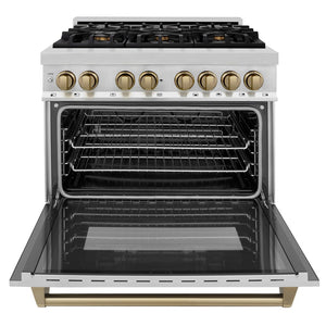 ZLINE Autograph Edition 36 in. 4.6 cu. ft. Legacy Dual Fuel Range with 6 Burner Gas Cooktop and Electric Convection Oven in Stainless Steel and Champagne Bronze Accents (RAZ-36-CB) front, open.